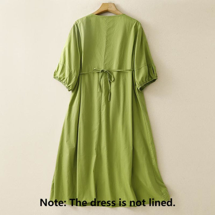 Buddha Stones Vintage Lace-Up Simple Design Cotton Linen Three Quarter Puff Sleeve Midi Dress With Pockets - image 1
