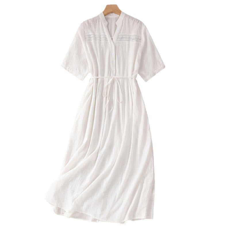 Buddha Stones Summer Plain Hollow Jacquard Design Cotton Short Sleeve Midi Dress With Pockets - image 8