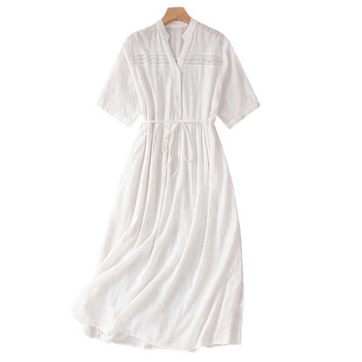 Buddha Stones Summer Plain Hollow Jacquard Design Cotton Short Sleeve Midi Dress With Pockets - image 8