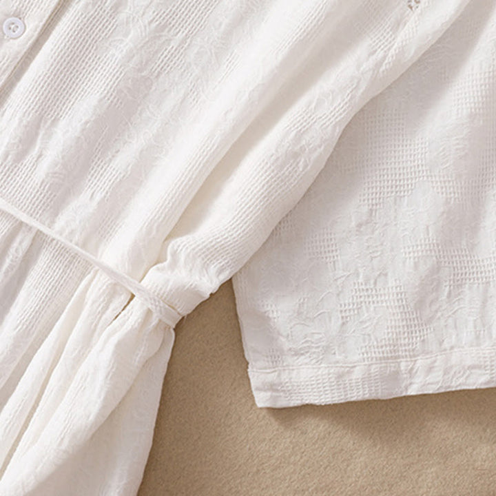 Buddha Stones Summer Plain Hollow Jacquard Design Cotton Short Sleeve Midi Dress With Pockets - image 3