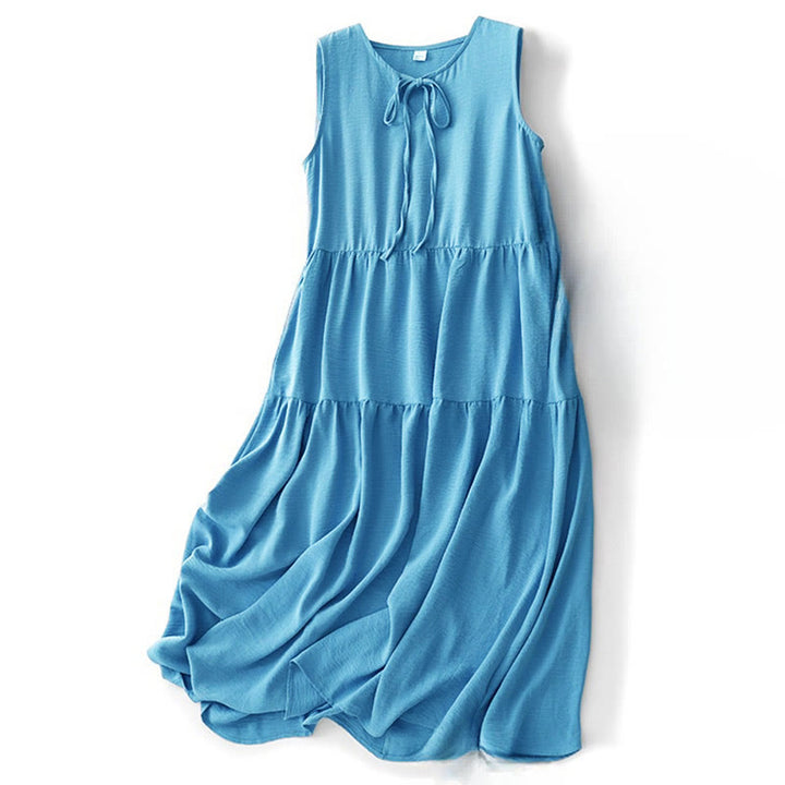 Buddha Stones Casual Plain Handmade Lace-up Midi Dress Cotton Linen Sleeveless Dress With Pockets - SteelBlue - US8-10，UK/AU12-14，EU40-42 (2XL) - image 0