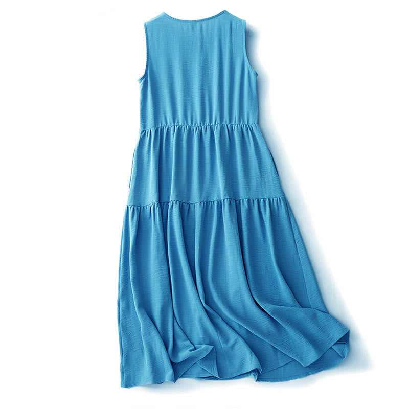 Buddha Stones Casual Plain Handmade Lace-up Midi Dress Cotton Linen Sleeveless Dress With Pockets - image 1