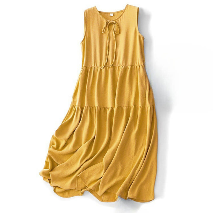 Buddha Stones Casual Plain Handmade Lace-up Midi Dress Cotton Linen Sleeveless Dress With Pockets - Goldenrod - US8-10，UK/AU12-14，EU40-42 (2XL) - image 11
