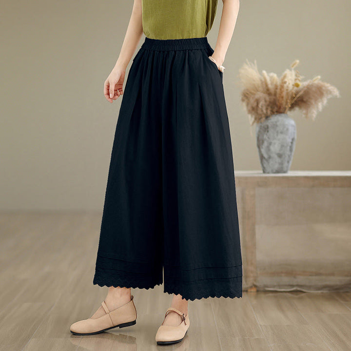 Buddha Stones Commute Simple Lace Design 7-8 Length Women's Wide Leg Cotton Linen Pants With Pockets - Black - US6，UK/AU10，EU38 (XL) - image 11