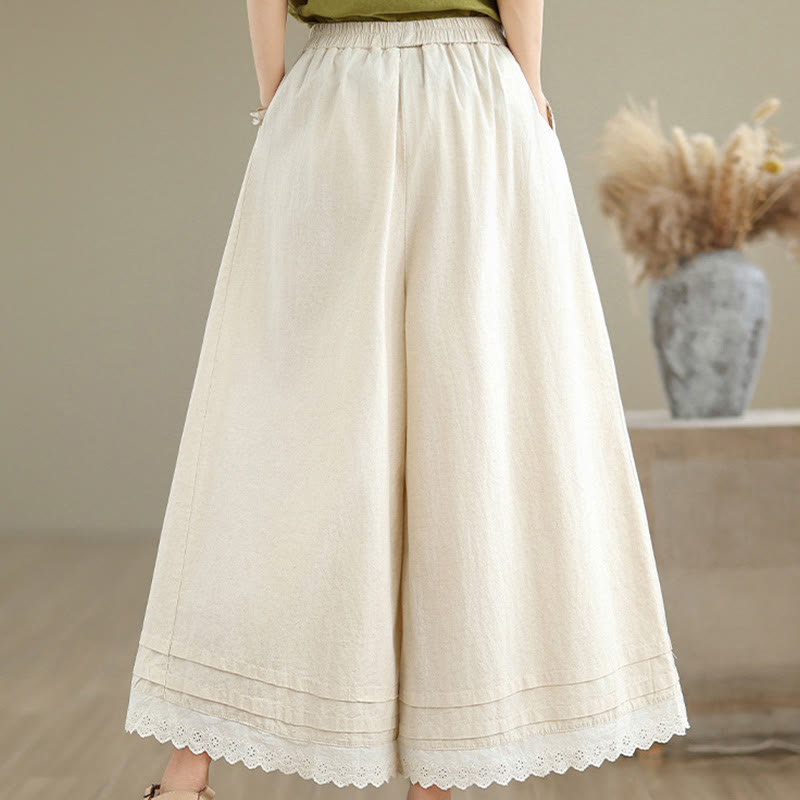 Buddha Stones Commute Simple Lace Design 7-8 Length Women's Wide Leg Cotton Linen Pants With Pockets - image 4