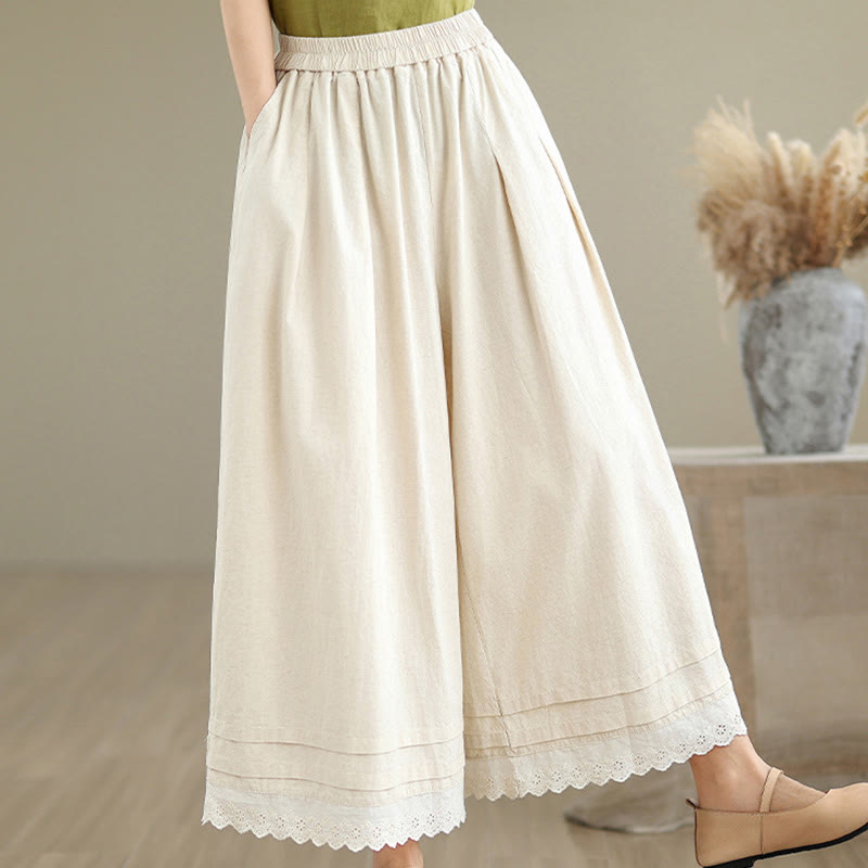 Buddha Stones Commute Simple Lace Design 7-8 Length Women's Wide Leg Cotton Pants With Pockets - image 6