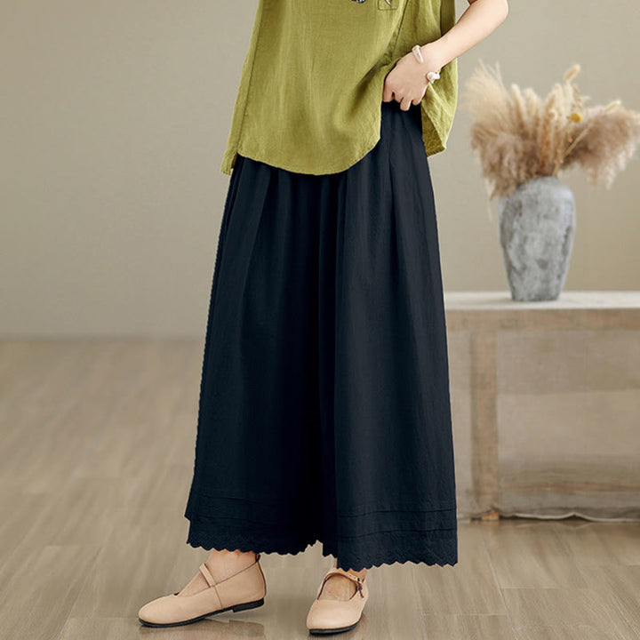 Buddha Stones Commute Simple Lace Design 7-8 Length Women's Wide Leg Cotton Linen Pants With Pockets - image 12