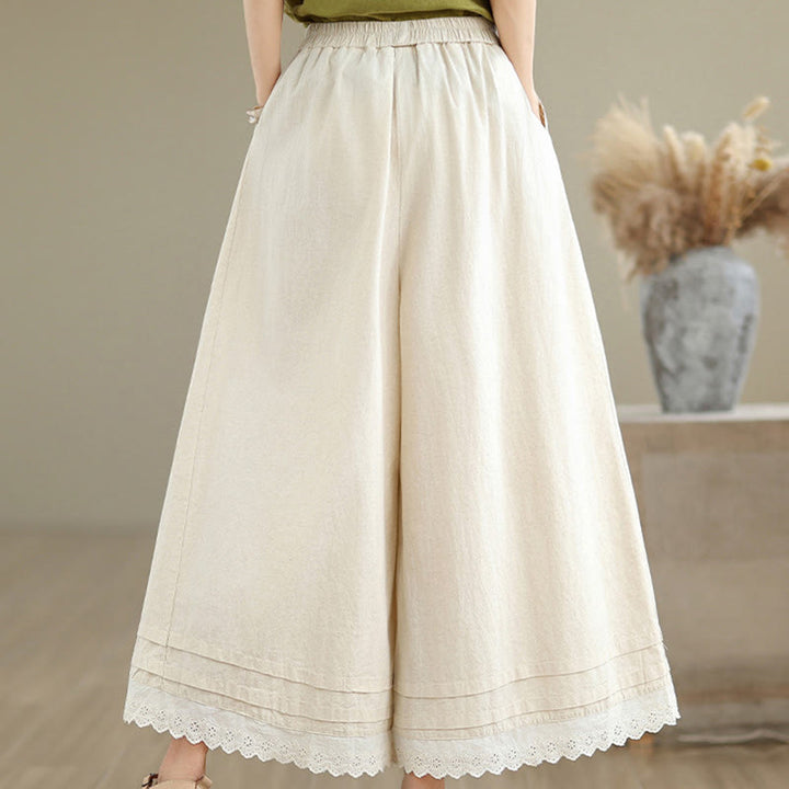 Buddha Stones Commute Simple Lace Design 7-8 Length Women's Wide Leg Cotton Pants With Pockets - image 4