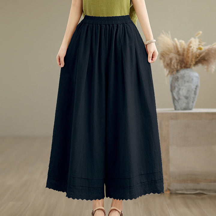 Buddha Stones Commute Simple Lace Design 7-8 Length Women's Wide Leg Cotton Linen Pants With Pockets - image 14