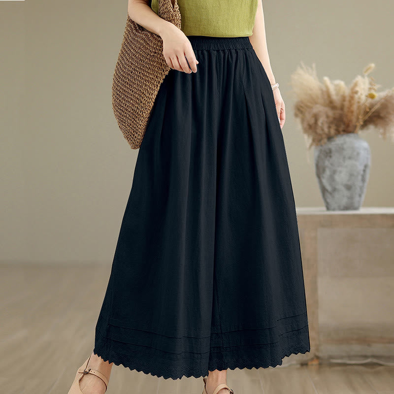 Buddha Stones Commute Simple Lace Design 7-8 Length Women's Wide Leg Cotton Linen Pants With Pockets - image 13