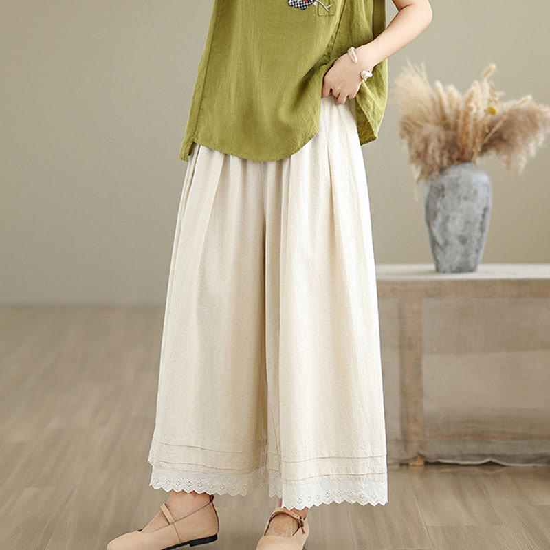 Buddha Stones Commute Simple Lace Design 7-8 Length Women's Wide Leg Cotton Pants With Pockets - image 2