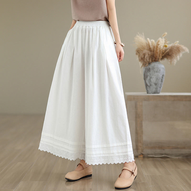 Buddha Stones Commute Simple Lace Design 7-8 Length Women's Wide Leg Cotton Pants With Pockets - White - US6，UK/AU10，EU38 (XL) - image 16