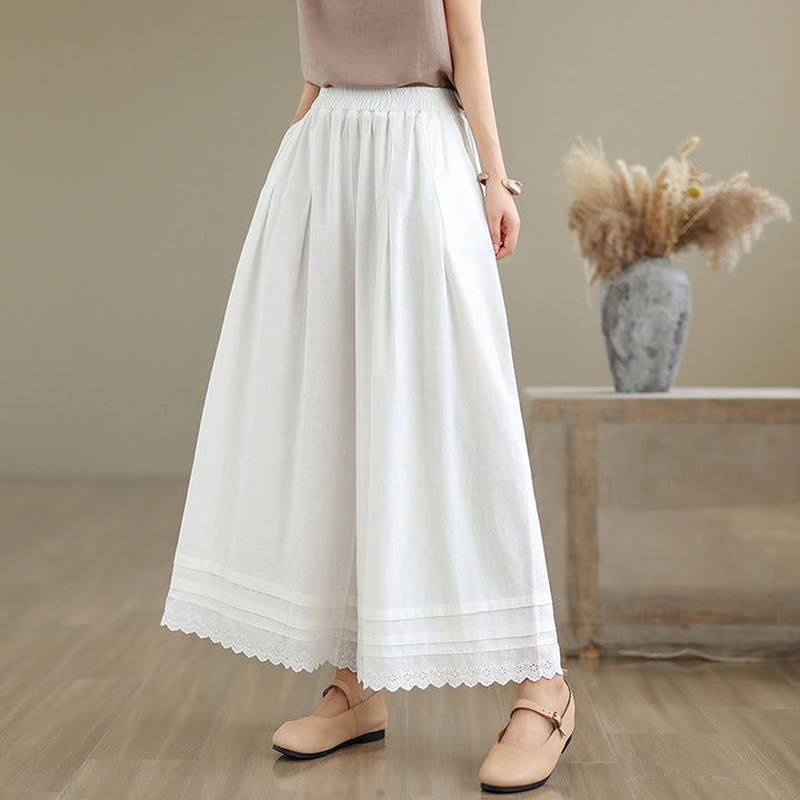 Buddha Stones Commute Simple Lace Design 7-8 Length Women's Wide Leg Cotton Pants With Pockets - White - US6，UK/AU10，EU38 (XL) - image 16