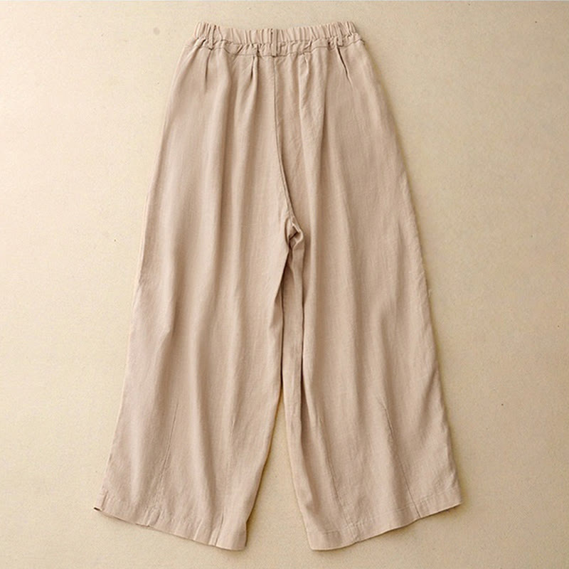 Buddha Stones Commute Vintage Solid Color Women's Wide Leg Cotton Pants With Pockets - image 1
