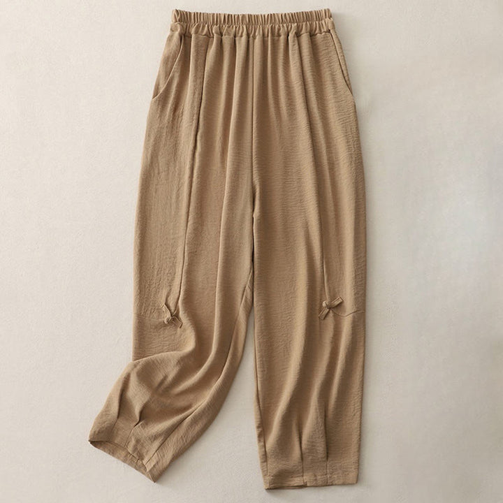 Buddha Stones Commute Casual Plain Frog-Button Design Women's Harem Cotton Linen 7-8 Length Pants With Pockets - Peru - US8-10，UK/AU12-14，EU40-42 (2XL) - image 15