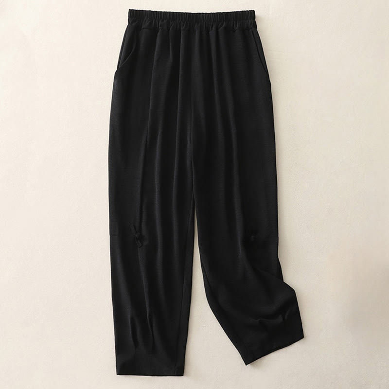 Buddha Stones Commute Casual Plain Frog-Button Design Women's Harem Cotton Linen 7-8 Length Pants With Pockets - Black - US8-10，UK/AU12-14，EU40-42 (2XL) - image 10