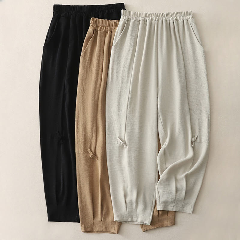 Buddha Stones Commute Casual Plain Frog-Button Design Women's Harem Cotton Linen 7-8 Length Pants With Pockets - image 19