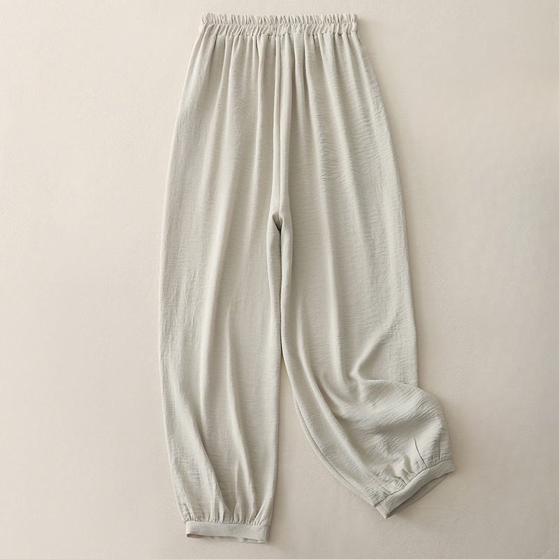 Buddha Stones Summer Commute Plain Pleated Design 7-8 Length Women's Harem Cotton Linen Pants With Pockets - image 4