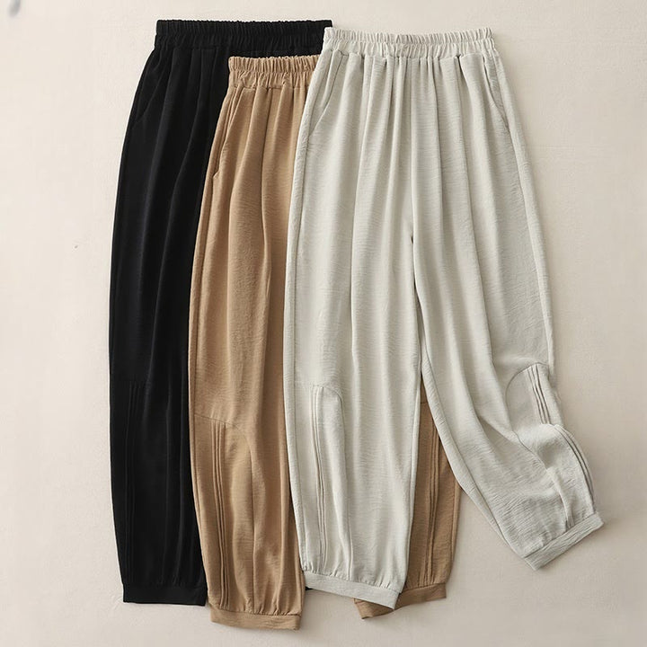 Buddha Stones Summer Commute Plain Pleated Design 7-8 Length Women's Harem Cotton Linen Pants With Pockets - image 6