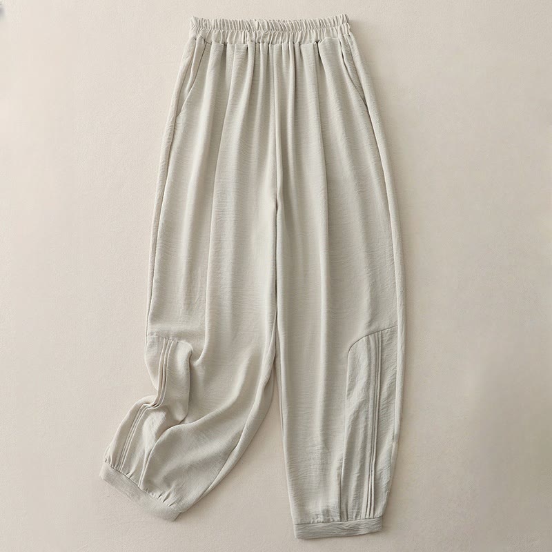 Buddha Stones Summer Commute Plain Pleated Design 7-8 Length Women's Harem Cotton Linen Pants With Pockets - Linen - US8-10，UK/AU12-14，EU40-42 (2XL) - image 3
