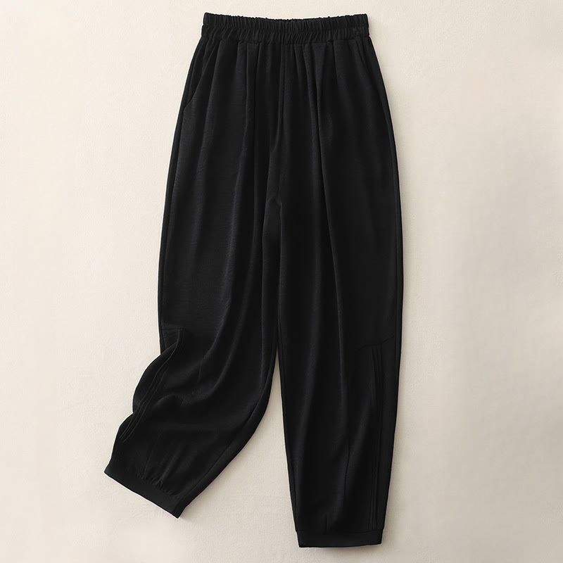 Buddha Stones Summer Commute Plain Pleated Design 7-8 Length Women's Harem Cotton Linen Pants With Pockets - Black - US8-10，UK/AU12-14，EU40-42 (2XL) - image 2