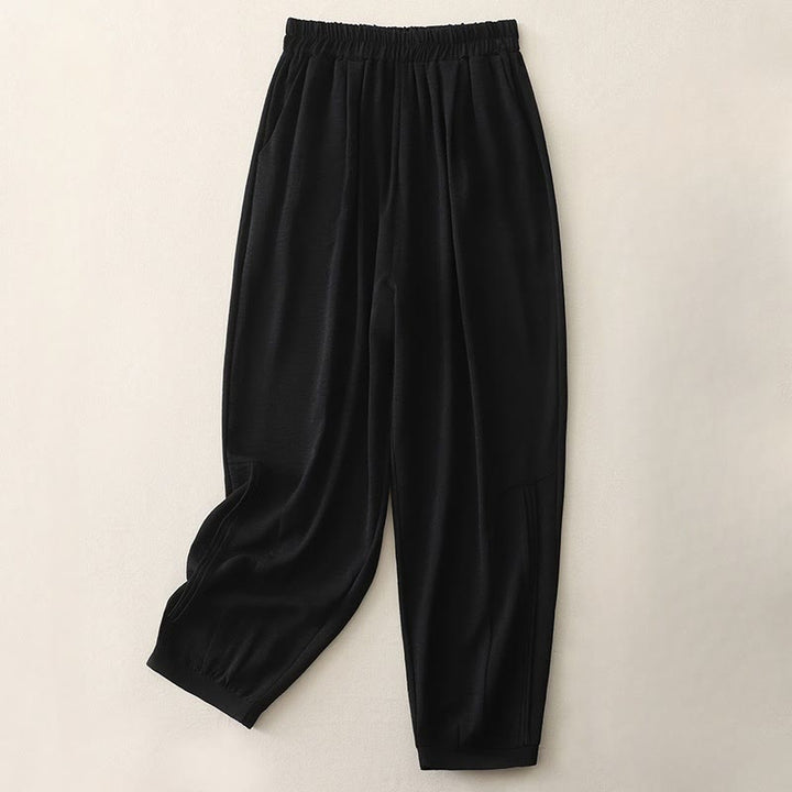 Buddha Stones Summer Commute Plain Pleated Design 7-8 Length Women's Harem Cotton Linen Pants With Pockets - Black - US8-10，UK/AU12-14，EU40-42 (2XL) - image 2