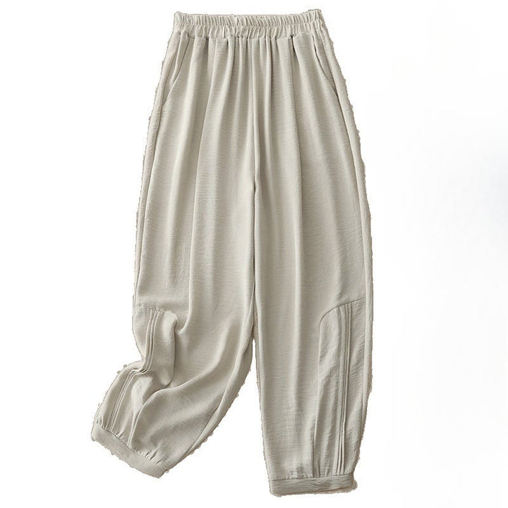 Buddha Stones Summer Commute Plain Pleated Design 7-8 Length Women's Harem Cotton Linen Pants With Pockets - image 5
