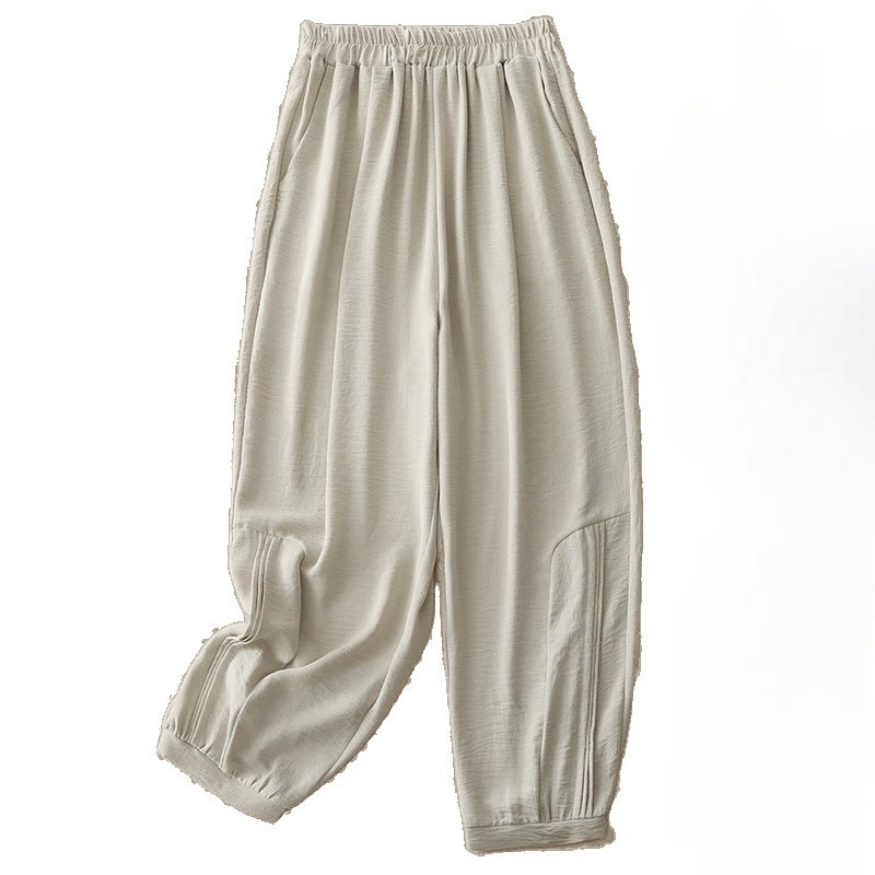 Buddha Stones Summer Commute Plain Pleated Design 7-8 Length Women's Harem Cotton Linen Pants With Pockets - image 4