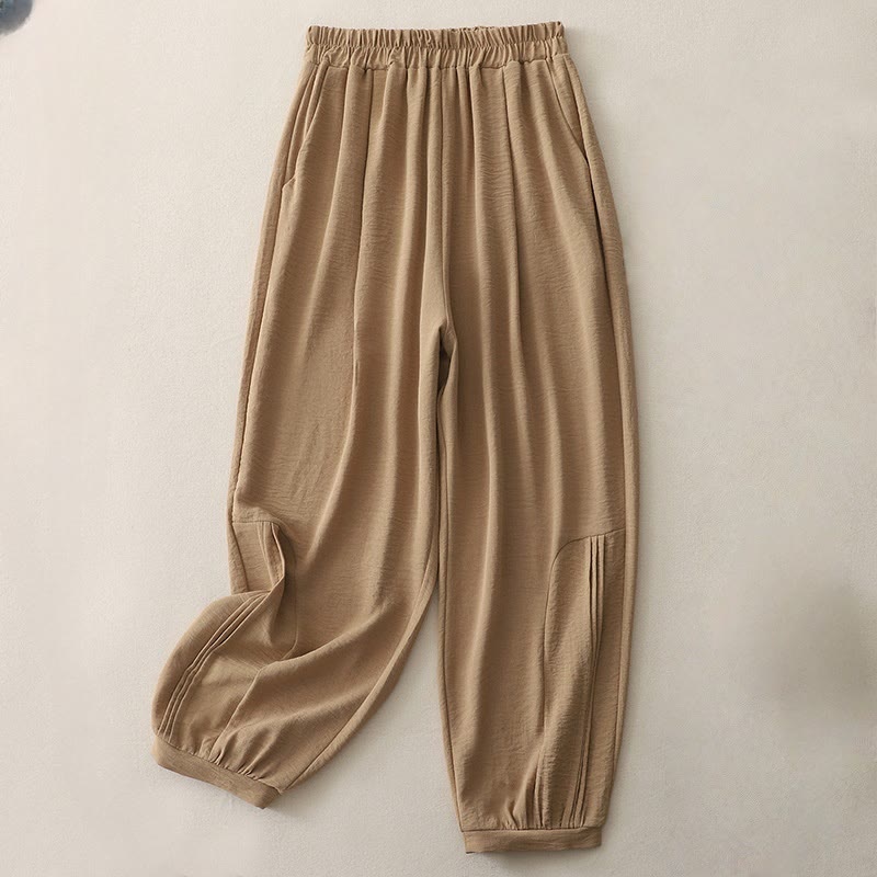 Buddha Stones Summer Commute Plain Pleated Design 7-8 Length Women's Harem Cotton Linen Pants With Pockets - Peru - US8-10，UK/AU12-14，EU40-42 (2XL) - image 1
