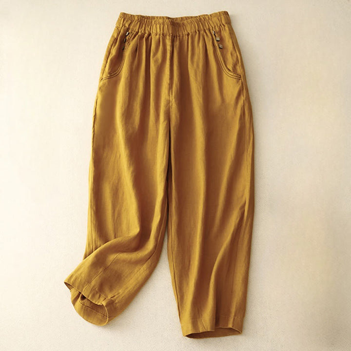 Buddha Stones Commute Casual Pure Color Buttons Design 7-8 Length Women's Harem Cotton Pants With Pockets - Goldenrod - US8-10，UK/AU12-14，EU40-42 (2XL) - image 15