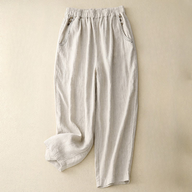 Buddha Stones Commute Casual Pure Color Buttons Design 7-8 Length Women's Harem Cotton Pants With Pockets - Linen - US8-10，UK/AU12-14，EU40-42 (2XL) - image 4