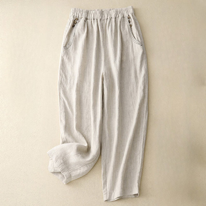 Buddha Stones Commute Casual Pure Color Buttons Design 7-8 Length Women's Harem Cotton Pants With Pockets - Linen - US8-10，UK/AU12-14，EU40-42 (2XL) - image 4