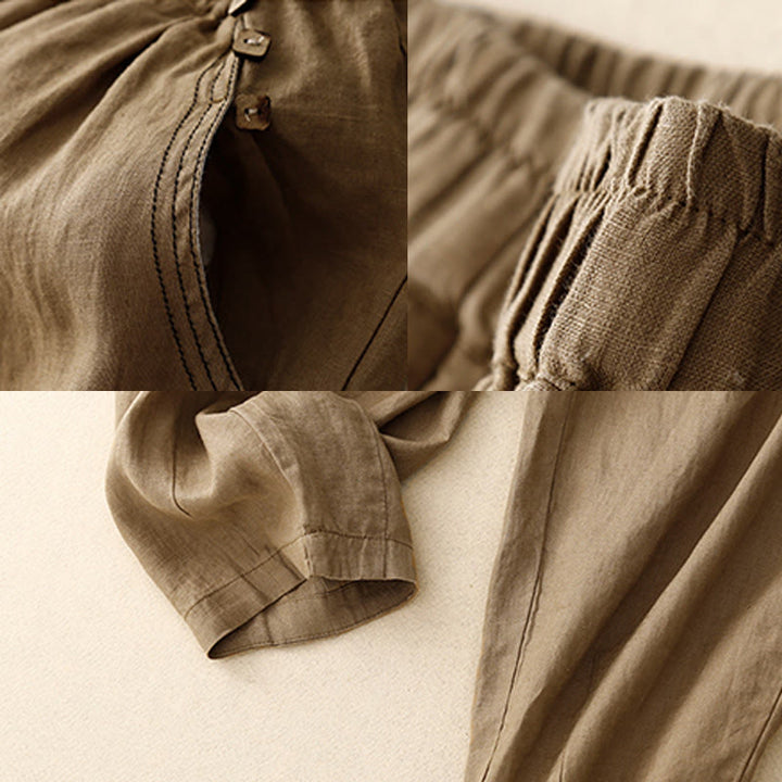 Buddha Stones Commute Casual Pure Color Buttons Design 7-8 Length Women's Harem Cotton Pants With Pockets - image 3