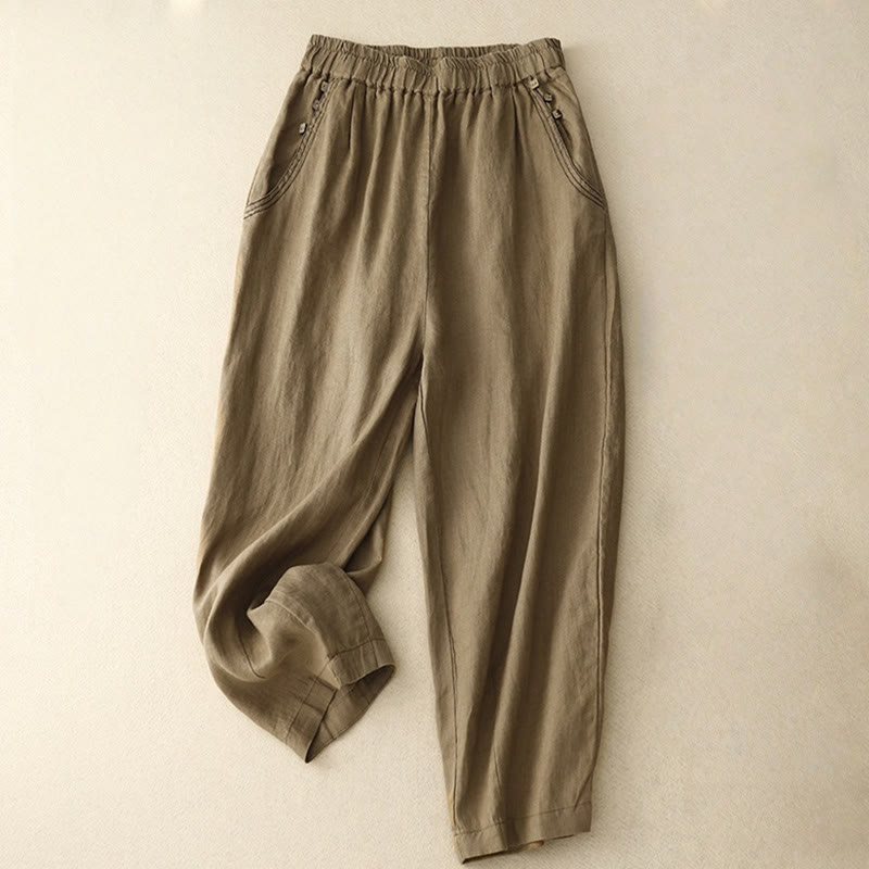 Buddha Stones Commute Casual Pure Color Buttons Design 7-8 Length Women's Harem Cotton Pants With Pockets - SaddleBrown - US8-10，UK/AU12-14，EU40-42 (2XL) - image 1