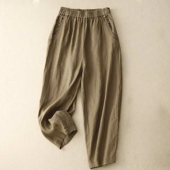 Buddha Stones Commute Casual Pure Color Buttons Design 7-8 Length Women's Harem Cotton Pants With Pockets - SaddleBrown - US8-10，UK/AU12-14，EU40-42 (2XL) - image 1