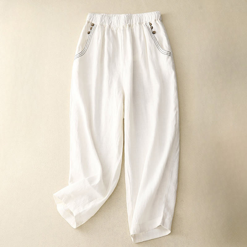 Buddha Stones Commute Casual Pure Color Buttons Design 7-8 Length Women's Harem Cotton Pants With Pockets - White - US8-10，UK/AU12-14，EU40-42 (2XL) - image 12