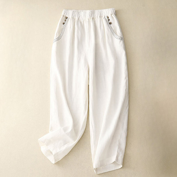 Buddha Stones Commute Casual Pure Color Buttons Design 7-8 Length Women's Harem Cotton Pants With Pockets - White - US8-10，UK/AU12-14，EU40-42 (2XL) - image 12
