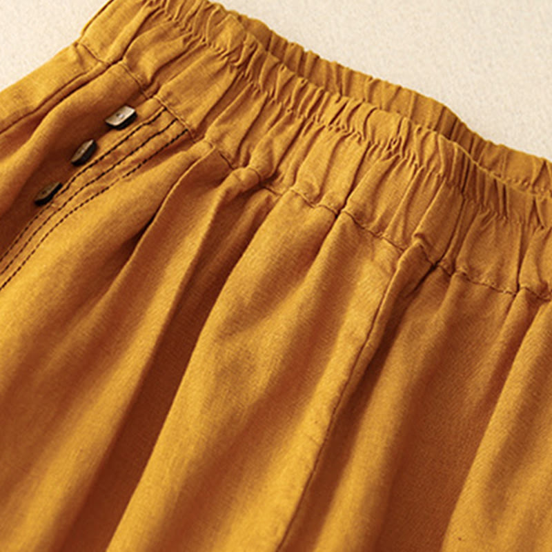 Buddha Stones Commute Casual Pure Color Buttons Design 7-8 Length Women's Harem Cotton Pants With Pockets - image 16