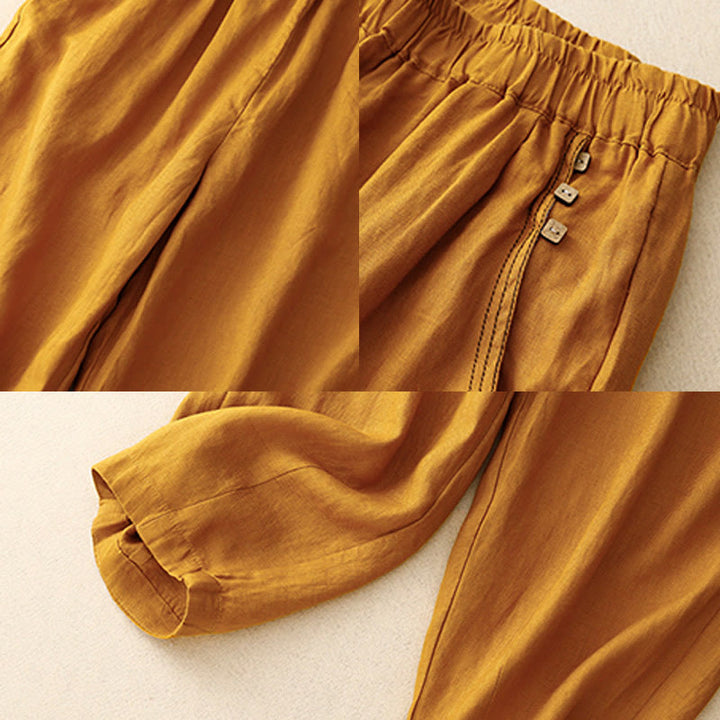 Buddha Stones Commute Casual Pure Color Buttons Design 7-8 Length Women's Harem Cotton Pants With Pockets - image 17
