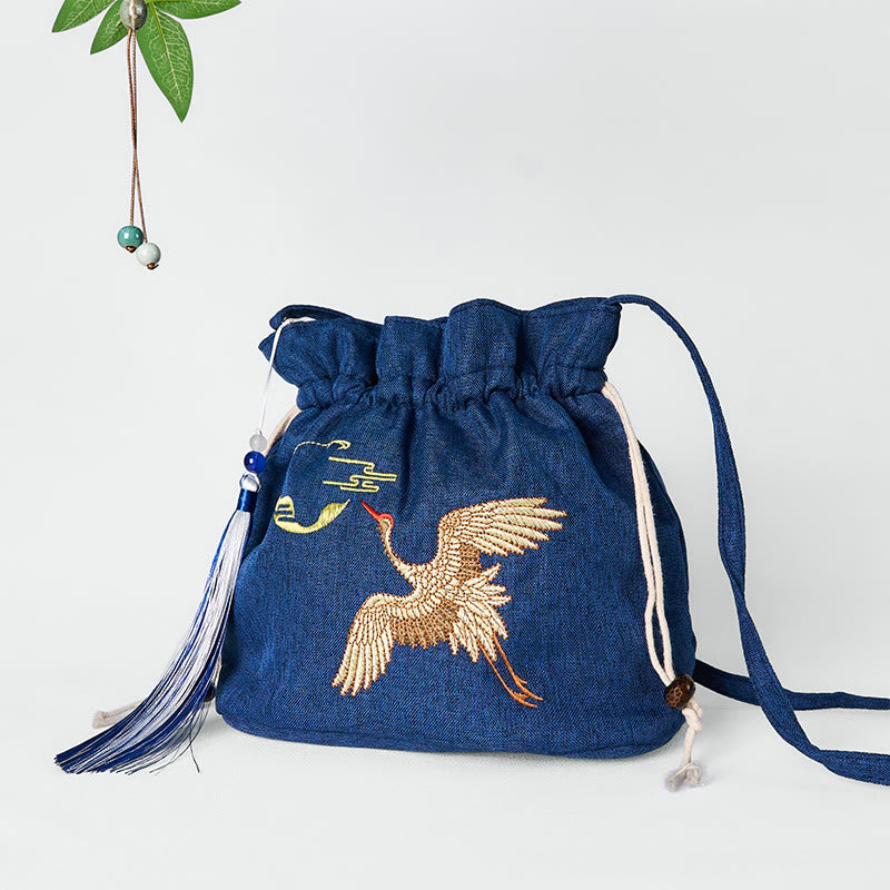 Buddha Stones Embroidered Navy Blue Crane Cotton Linen Crossbody Bag Shoulder Bag
