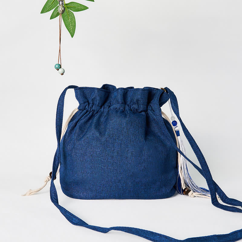 Buddha Stones Embroidered Navy Blue Crane Cotton Linen Crossbody Bag Shoulder Bag