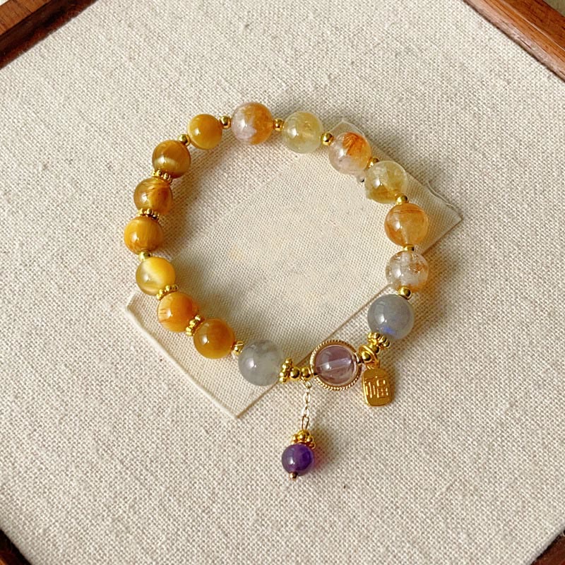 Buddha Stones Natural Citrine Tiger Eye Fu Character Prosperity Bracelet - Citrine & Tiger Eye(Wrist Circumference: 15-16cm) - image 1