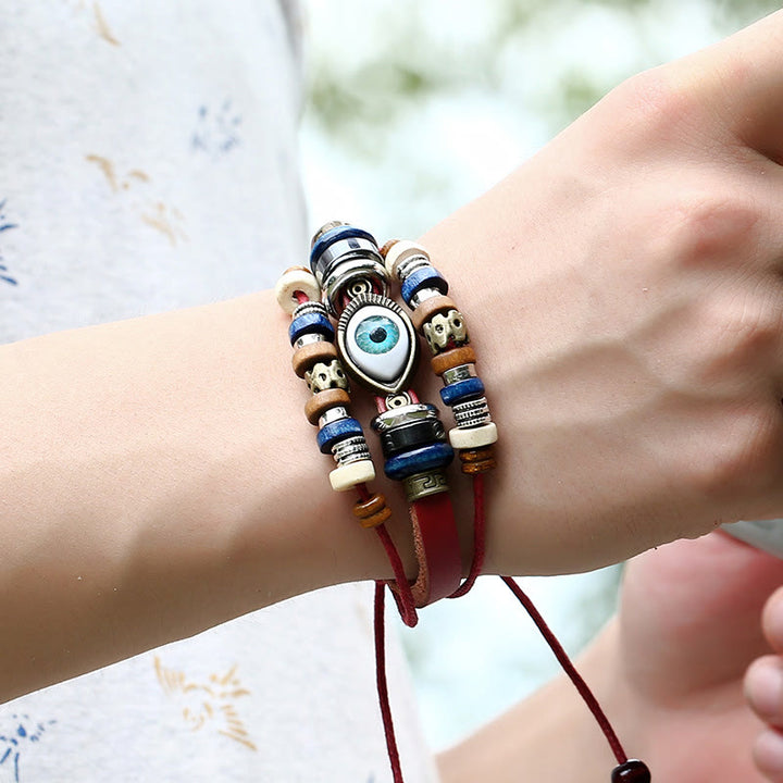 Buddha Stones Tibetan Evil Eye Leather Adjustable Protection Bracelet