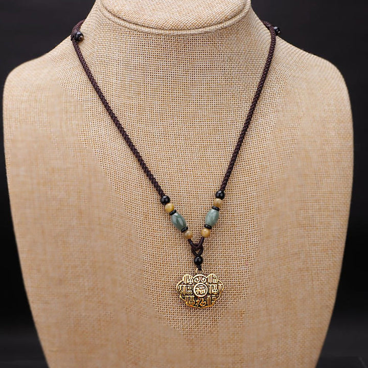 Buddha Stones Copper Brass Fu Character Luck Fortune Rope Necklace Pendant - image 1