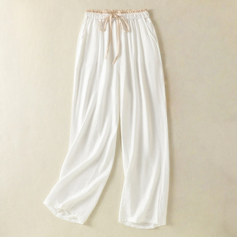Buddha Stones Vintage Casual Pure Color Drawstring Ankle-Length Women's Cotton Linen Pants With Pockets - White - US8-10，UK/AU12-14，EU40-42 (2XL) - image 0