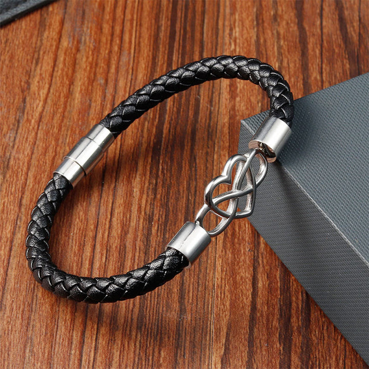 Buddha Stones Endless Knot Heart Leather Titanium Steel Strength Buckle Bracelet - Silvery(Wrist Circumference: 17-19cm) - image 0