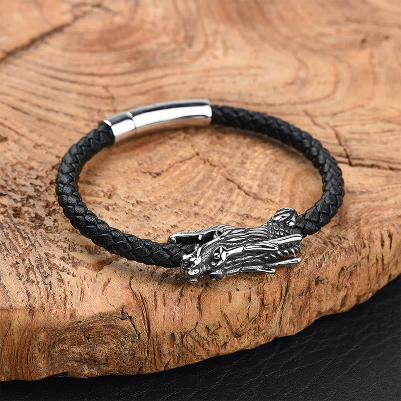 Buddha Stones Dragon Leather Titanium Steel Strength Buckle Bracelet - 23cm - image 1