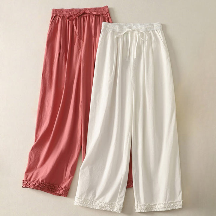 Buddha Stones Casual Ruffle Hem Patchwork Design Drawstring Ankle-length Women's Cotton Pants With Pockets - image 15