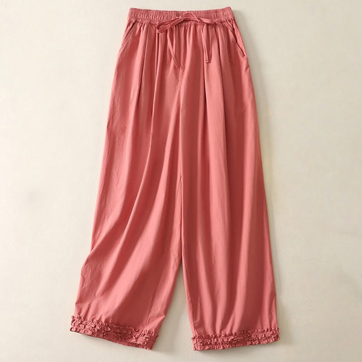 Buddha Stones Casual Ruffle Hem Patchwork Design Drawstring Ankle-length Women's Cotton Pants With Pockets - Tomato - US12，UK/AU16，EU44 (2XL) - image 0