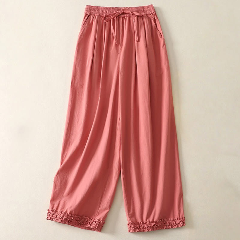 Buddha Stones Casual Ruffle Hem Patchwork Design Drawstring Ankle-length Women's Cotton Pants With Pockets - Tomato - US12，UK/AU16，EU44 (2XL) - image 1